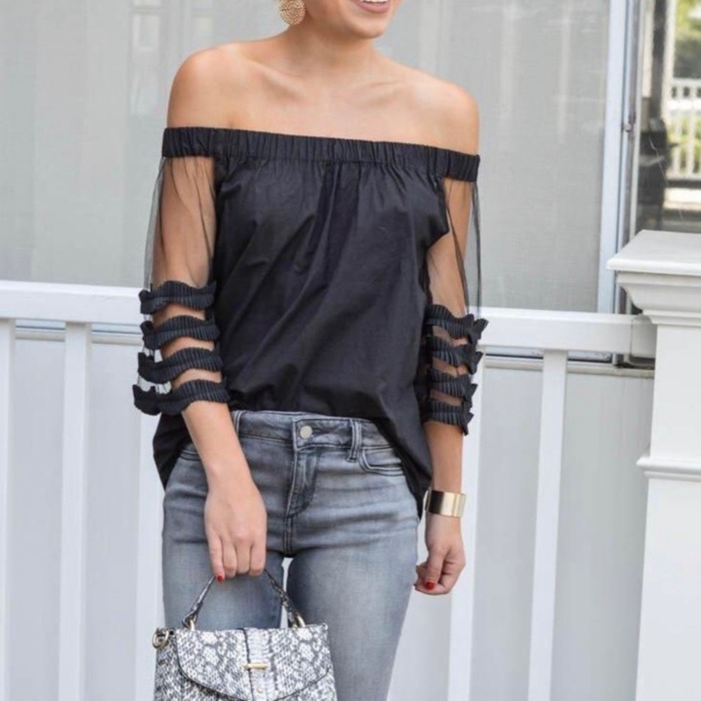 NEW Anthropologie THML Off-Shoulder Top with Sheer Sleeves Medium Black